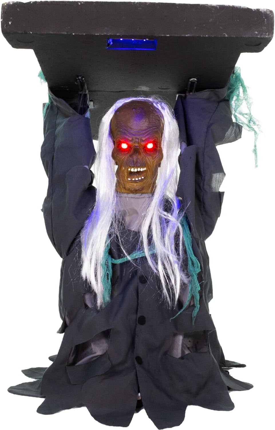 Haunted Hill Farm Tombstone Lifter by Tekky, Battery-Operated, Sound Activated Animatronic Zombie with Sound Effects and Lights for Indoor or Covered Outdoor Creepy Halloween Decoration 30" Tombstone Lifter