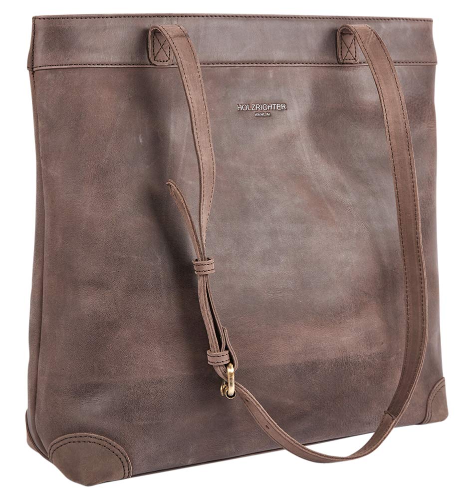 HOLZRICHTER Berlin - Shopper aus Leder No 1-1, Schultertasche 36x35x10cm, Echtleder Einkaufstasche für Damen in Braun, Dunkelbraun