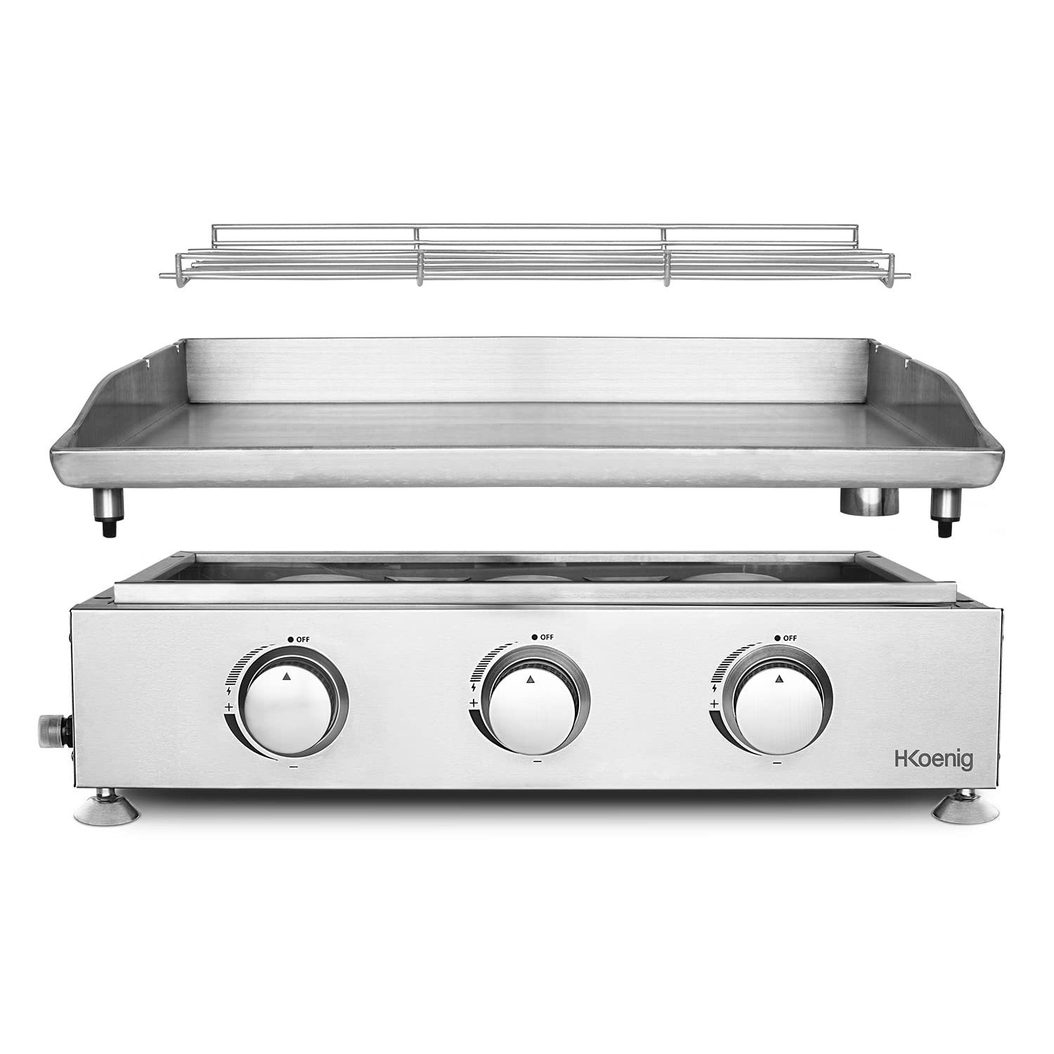 H.Koenig Piastra a Gas in Acciaio Inox PLX830, Piastra da 5 mm, 63,5 x 36 cm,3 Fuochi inox,Distribuzione Uniforme del Calore, Temperatura fino a 350°C