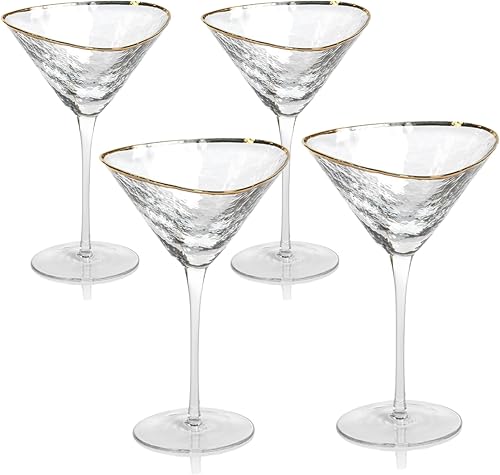 Bec's Designs Martini Glasses Set of 4 – Hand‑Hammered Triangular Design with Gold Rim – Elegant Crystal Cocktail Glassware for Parties, Gifts & Home Bar