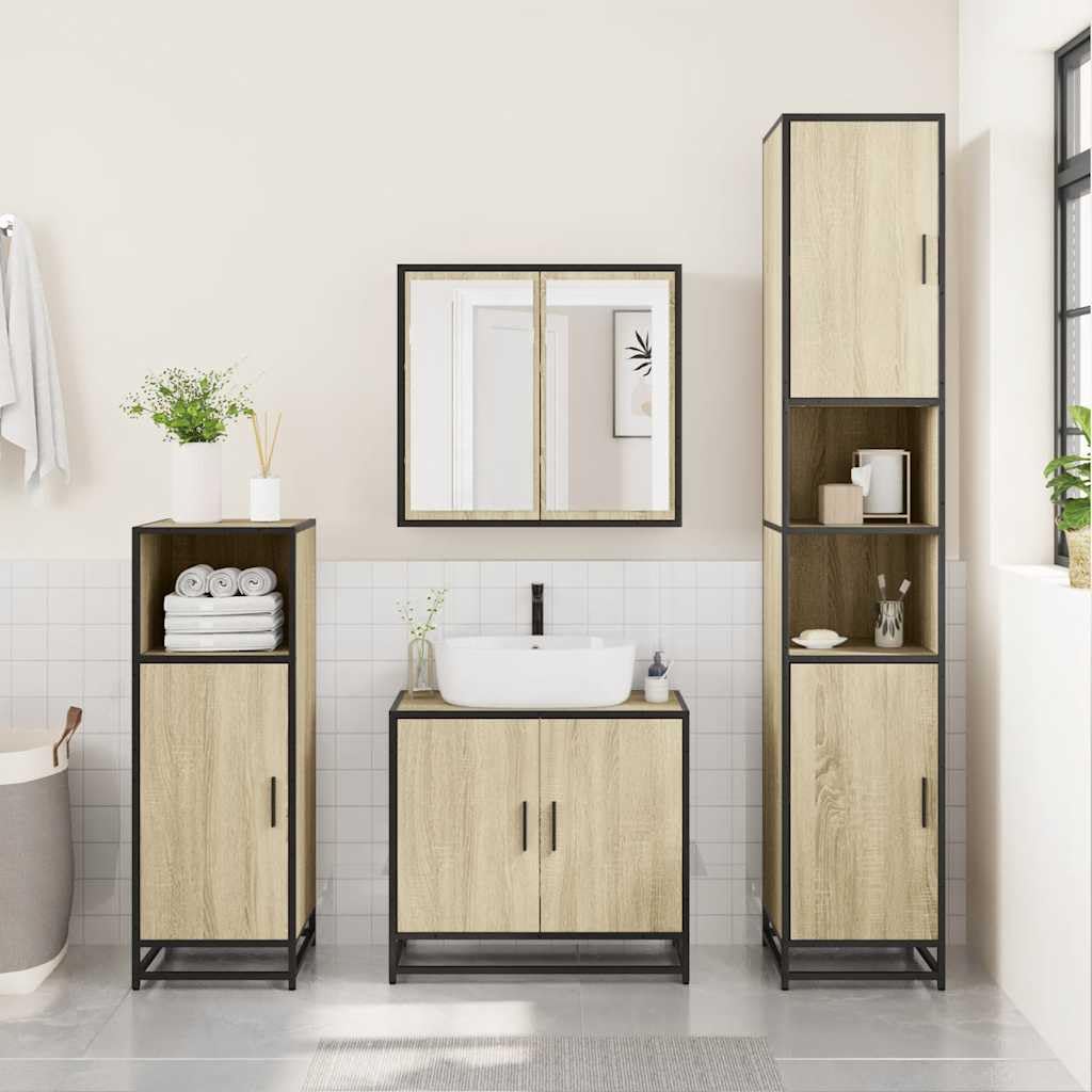 Sonoma - Mobili da bagno, 65 x 20 x 60 cm, in legno di rovere, telaio in metallo, piccolo armadio da bagno, montaggio a parete, con specchio, design moderno per piccoli bagni