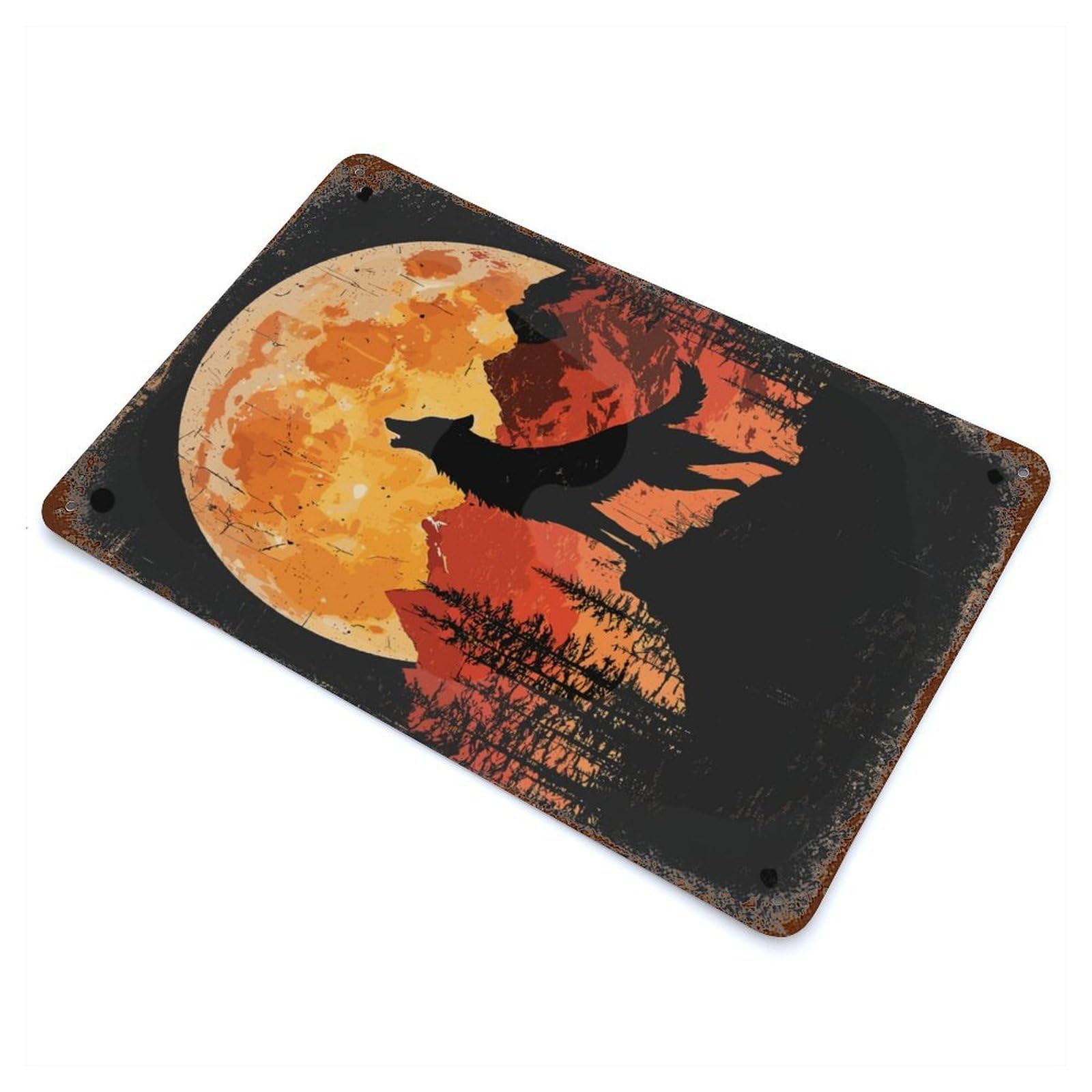 Garage Style Wolf Howling at The Moon Vintage Rust Metal Sign 11.8"x7.9", Retro Wall Decor for Bar And Workshop