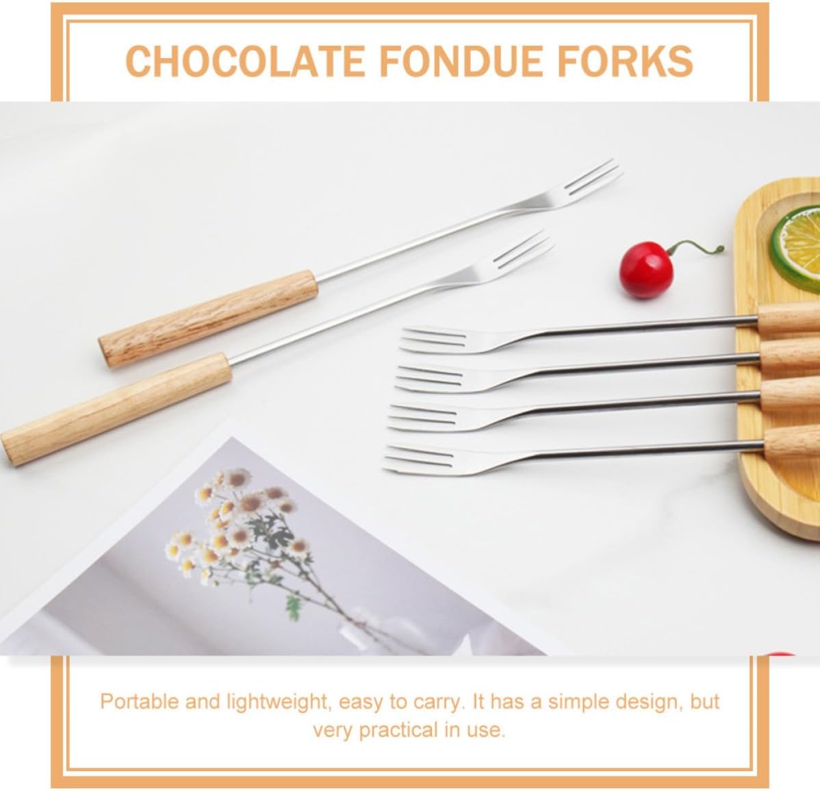 MAGICLULU 6pcs Stainless Steel and Wood Handle Fondue Forks Lightweight Sturdy Cheese Chocolate Fruit Forks for Outdoor Camping and Travel