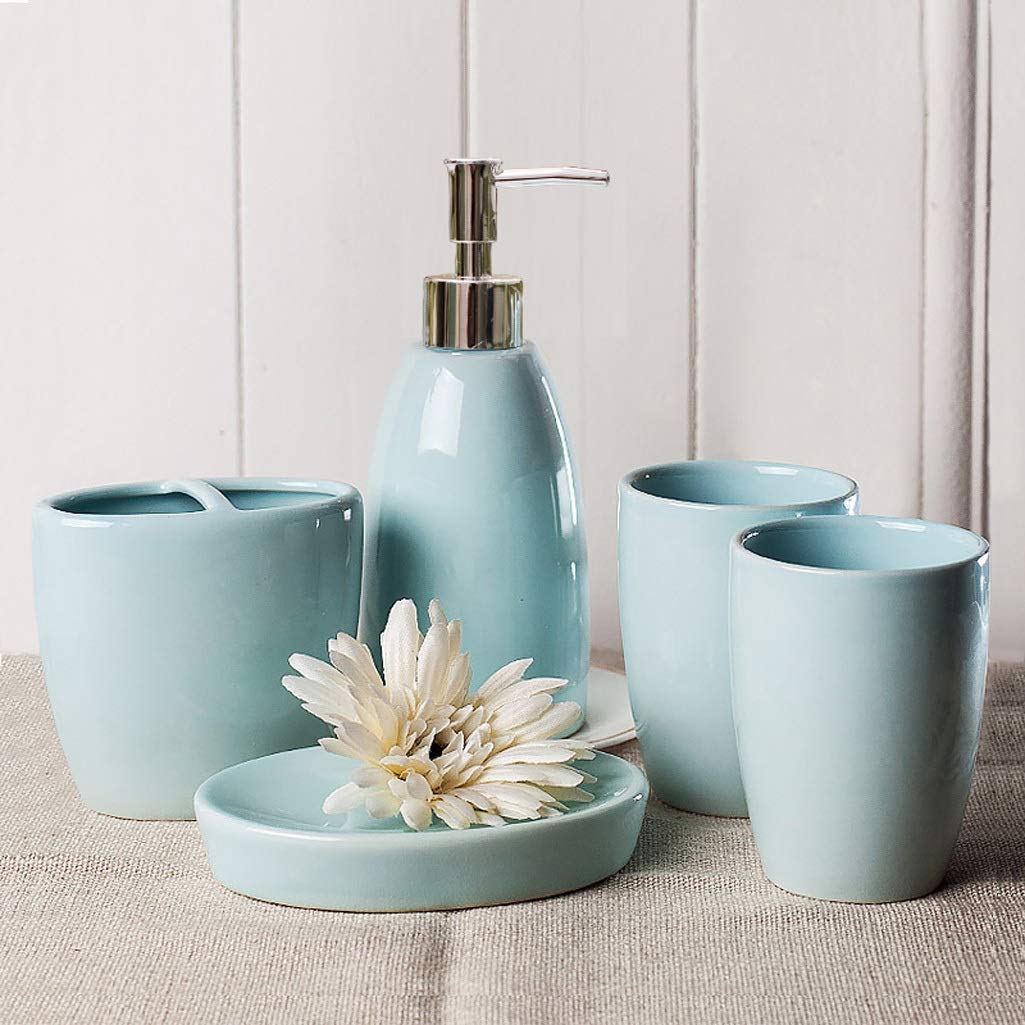 5-częściowy zestaw ceramicznych akcesoriów łazienkowych w tym dozownik mydła balsam uchwyt na szczoteczkę do zębów kubek do płukania ust x2 pudełko na mydło (kolor: A) (A) (A)
