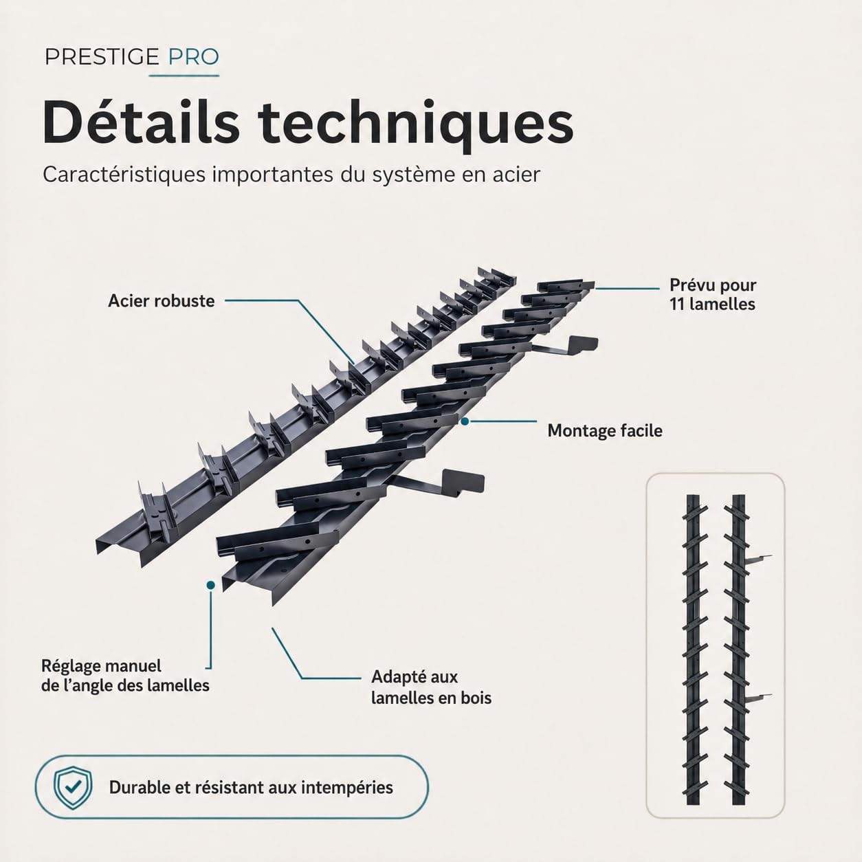 Prestige Ostaszewska ShutterPRO - système de supports en acier galvanisé pour 11 lames orientables | 100 cm | Anthracite | Kit sans lames pour brise-vue de terrasse, pergola et balcon