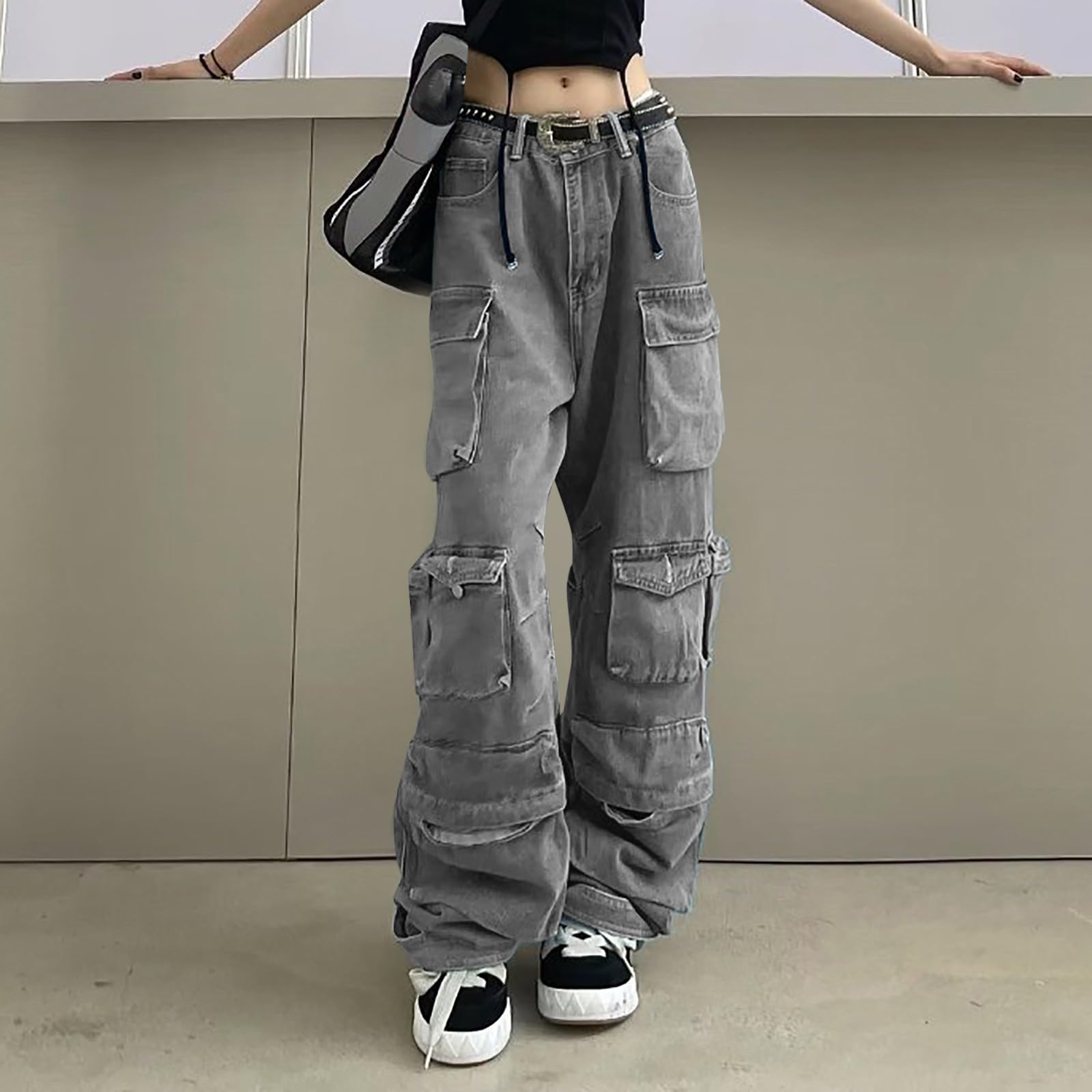 Jeans da Donna a Gamba Larga - Jeans Donna Vita Alta Larghi a Vita Alta Pantaloni Wide Leg Diritti Elasticizzati Jeans Lunghi Casuale Straight Trousers Casuale Hiphop Ragazza Teenager Streetwear