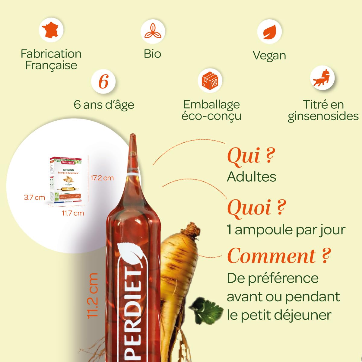 SUPERDIET – GINSENG BIO – Énergie & Dynamisme – Phytothérapie – Fabrication française – 20 ampoules de 10 ml
