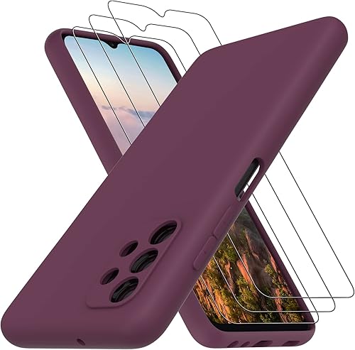 Neseovge Funda de teléfono para Samsung Galaxy A23 5G4G con 3 protectores de pantalla de vidrio templado, TPU de silicona líquida suave con forro de
