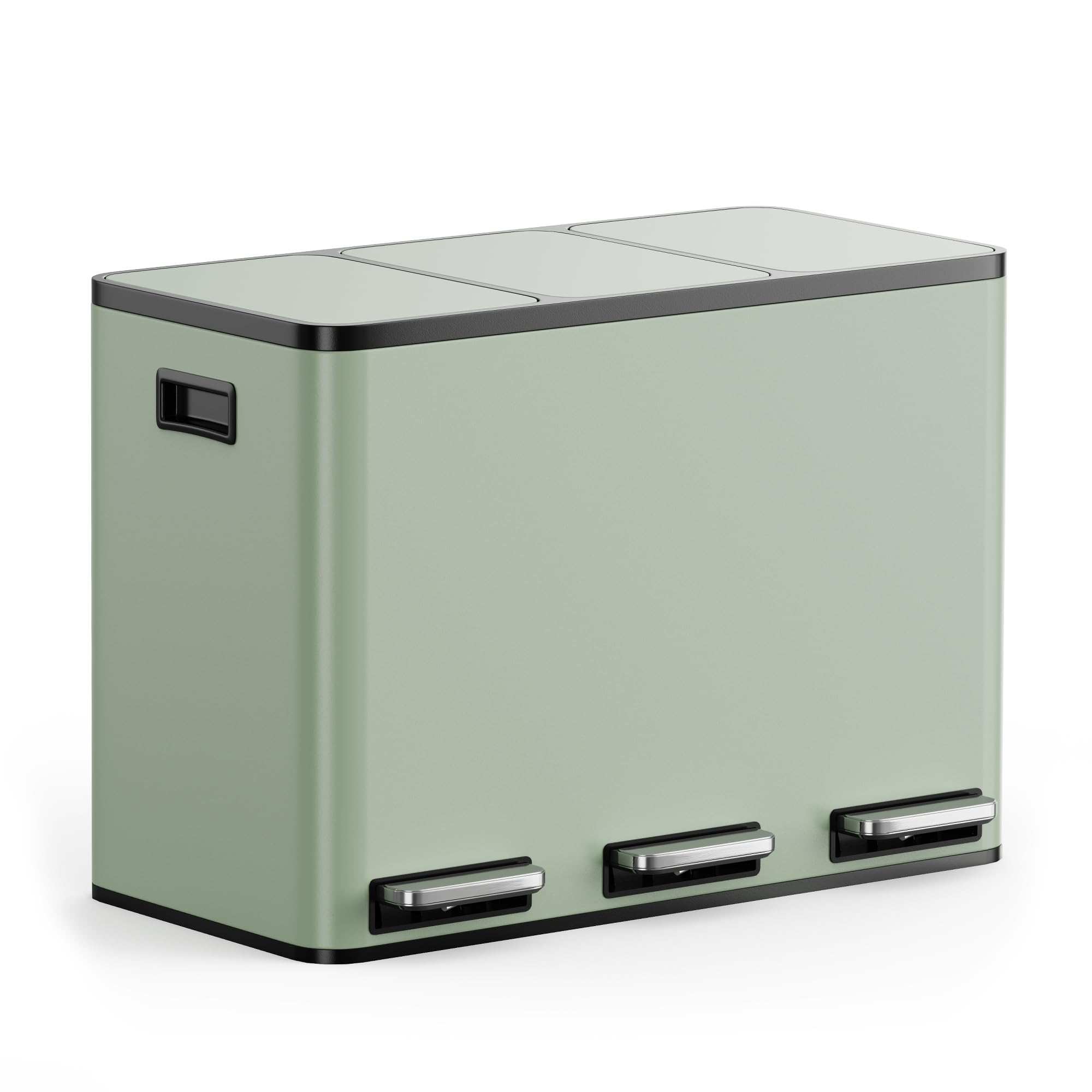 VonHaus Kitchen Bin, 45L Sage Green Triple Recycling Bin for Kitchen, Three Section Food Waste Separation System with Non-Slip Base & Removable Inner-Compartments, Airtight Trash Can, 3 x 15L