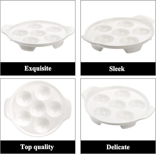 Miniatura 4 de Okllen Paquete de 4 platos Escargot de cerámica con 6 agujeros y asas, plato de caracol de mariscos de 6.5 pulgadas, platos con pies, platos blancos
