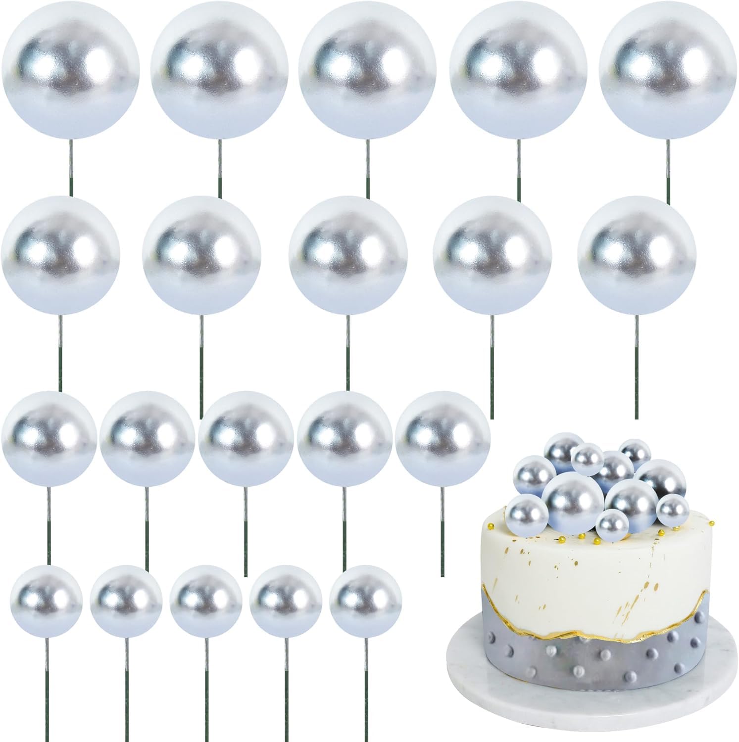 RIBBOOO 20 Pcs Ball Cake Toppers Insert Balls Cake Decorations Foam Balls Cake Toppers DIY Cake Ornament for Birthday Baking Baby Shower Anniversary and Wedding Party (Sliver) โ image 1