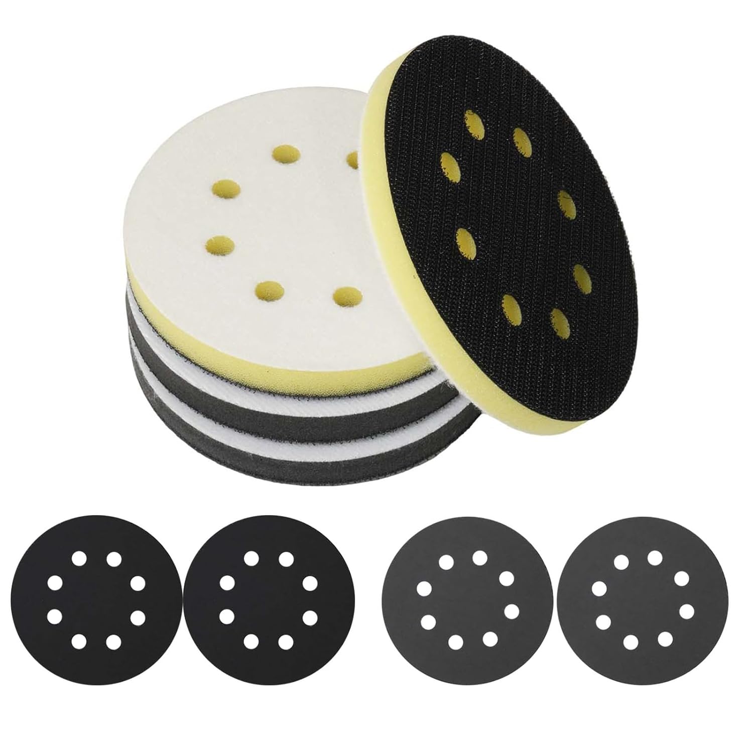 4 Pack 5 Inch Interface Pads and Sanding Discs, 8 Hole Orbital Sander Hook & Loop Backing Foam Buffer Pad, 1000/2000 Grit Sandpaper and Soft Cushion Sponge for Sander Polishing Application