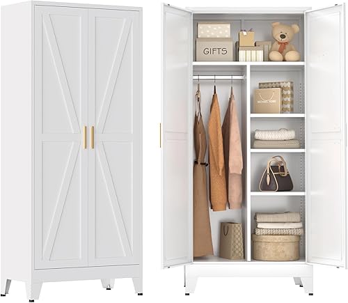 Gabinete Combinado de Metal, Armarios de Vestidor con Puertas y Estantes, Gabinete de Dormitorio de 180 cm de Estilo Granja con Barra Colgante y