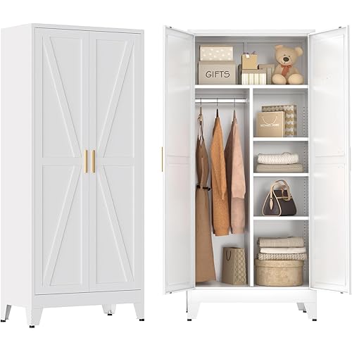 Metal Combination Cabinet, Wardrobe Closet Cabinets with Doors and Shelves, 71" Farmhouse Bedroom Armoire Closet with Hanging Rod and Clothing Shelf, White Steel Wardrobe Cabinet for Bedroom