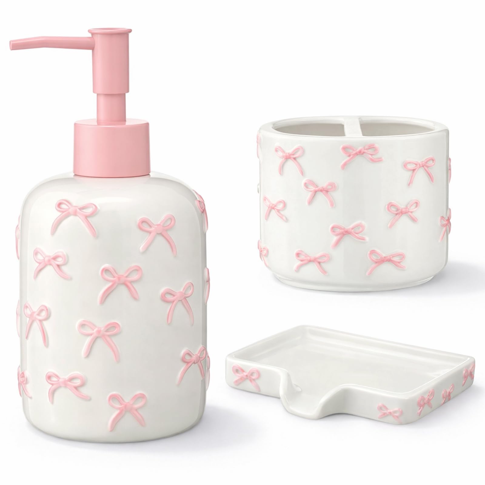 Photo 1 of [PARTIAL SET] Ferrochef White Bow Ceramic Bathroom Accessories Set 3 Pcs for Countertop, Soap Dispenser, Toothbrush Holder, Soap Holder, Bathroom Sink Decor for Modern Home Decor