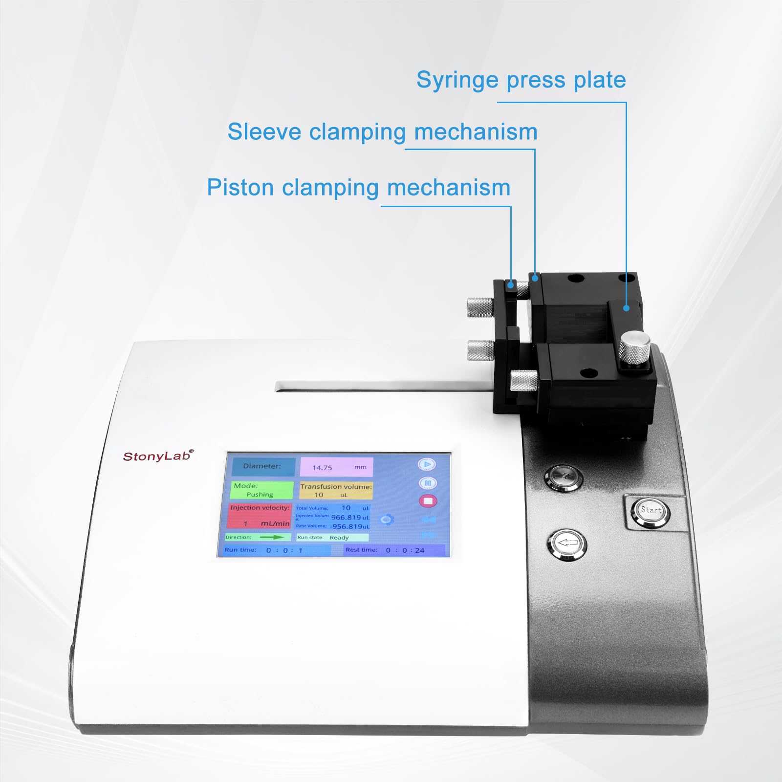 stonylab Einkanal-Spritzenpumpe, 0,5 nl/min - 388,86 ml/min, 5 μl - 150 ml Spritzen, Touchscreen, Fixe/Benutzerdef. Dia-Eingabe, RS232/485, für Lab-Flüssigkeitshandhabung