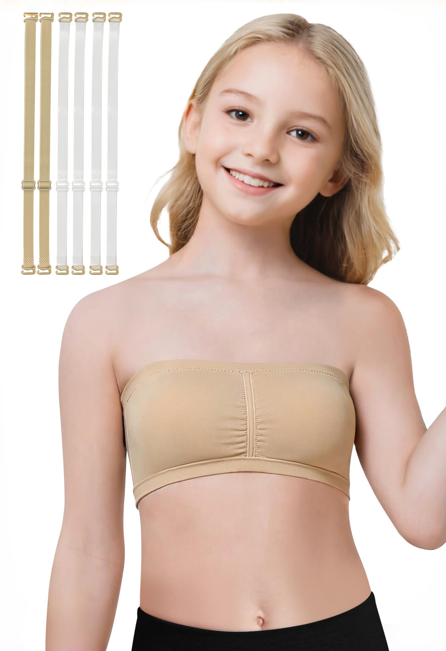 DANSHOW Girls Seamless Bandeau Bra for Teen Girls Training Sport Crop Top with 2 Pairs of Clear Straps