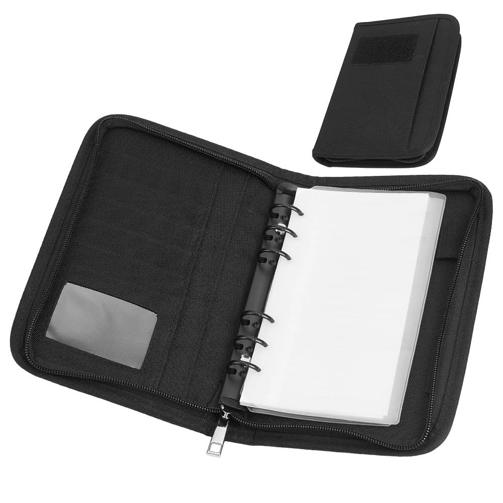 NBEADS Tactical Notebook Padfolio Ring Binder, Refillable A6 6-Ring Binder Zip Hardcover Notebook with 80 Pages Water-Resistant Notebook Cover for Planners, Military, Office, Field, Gift, Black