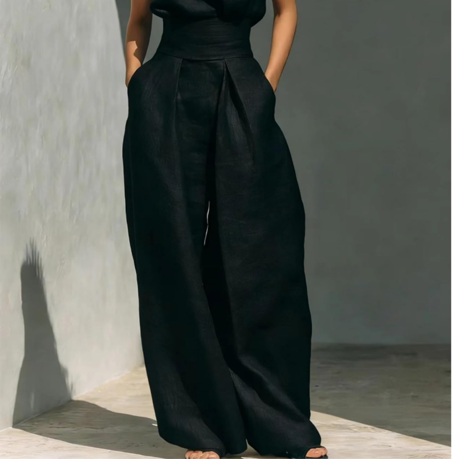 2 Piece Sets for Women Elegant Linen High Neck Top Wide Leg Pants Set Summer Formal Sleeveless Top Casual Slim Pants Suits