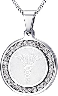 Free Engraving Medical Alert ID Necklace for Women Stainless Steel With Cubic Zirconia Pendant Chain 24inches