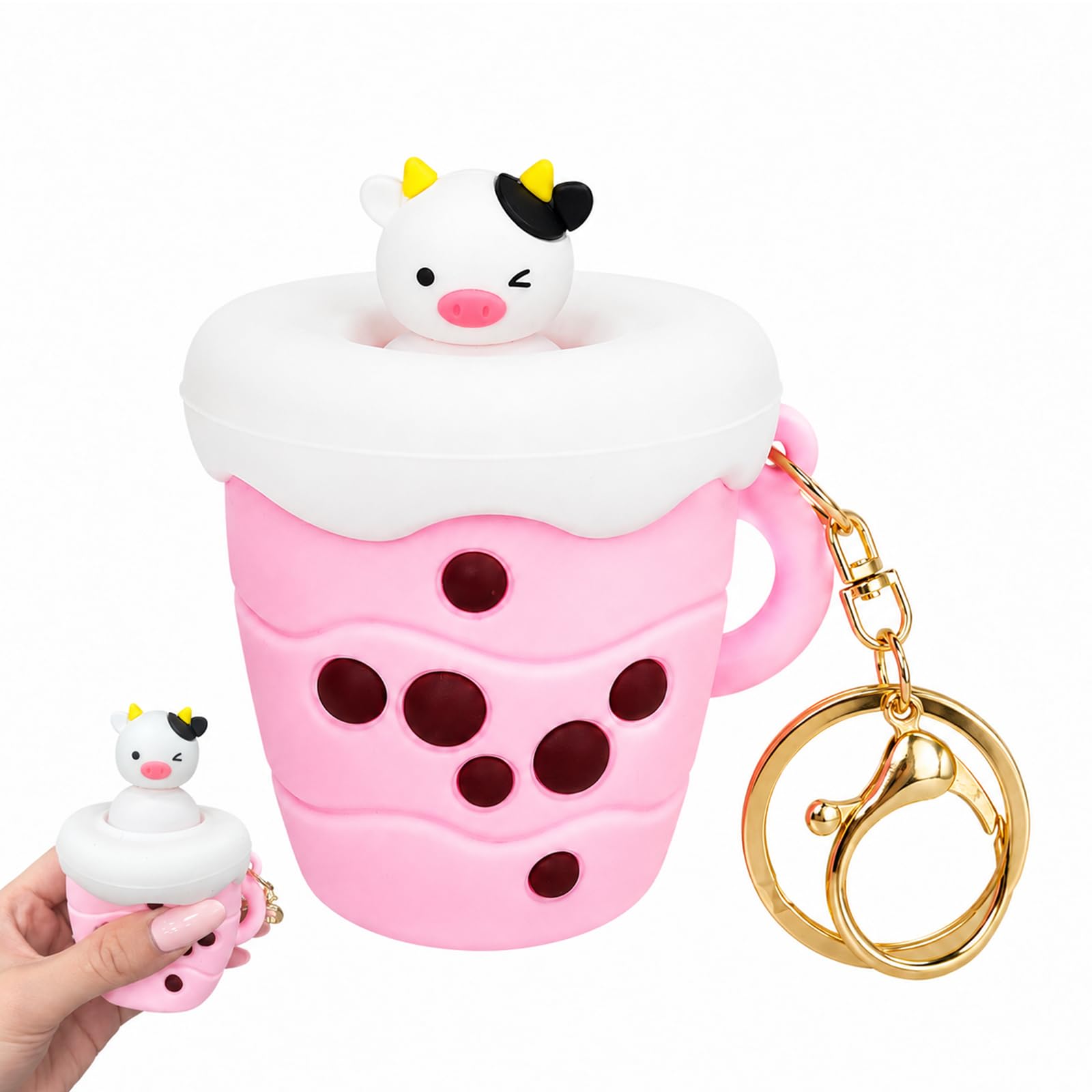 Eaistose Cute Bubble Tea Squishy Keychain, Silicone Pop‑Up Cow Squeeze Toy, Fun & Portable Anxiety Relief Toy for Bags Car Keys (pink)