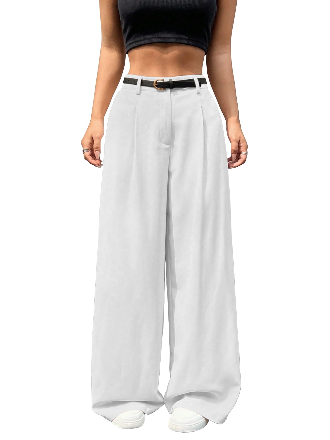 Shasmi Pantaloni da donna plissettati a vita alta a gamba larga, eleganti pantaloni neri con tasche, casual e da ufficio, pantaloni a gamba dritta (senza cintura) (pantaloni 220)