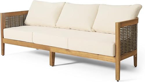 Miniatura 6 de Merax Sofá de mimbre de madera de acacia al aire libre de 3 plazas, juego de conversación de muebles de patio para patio trasero