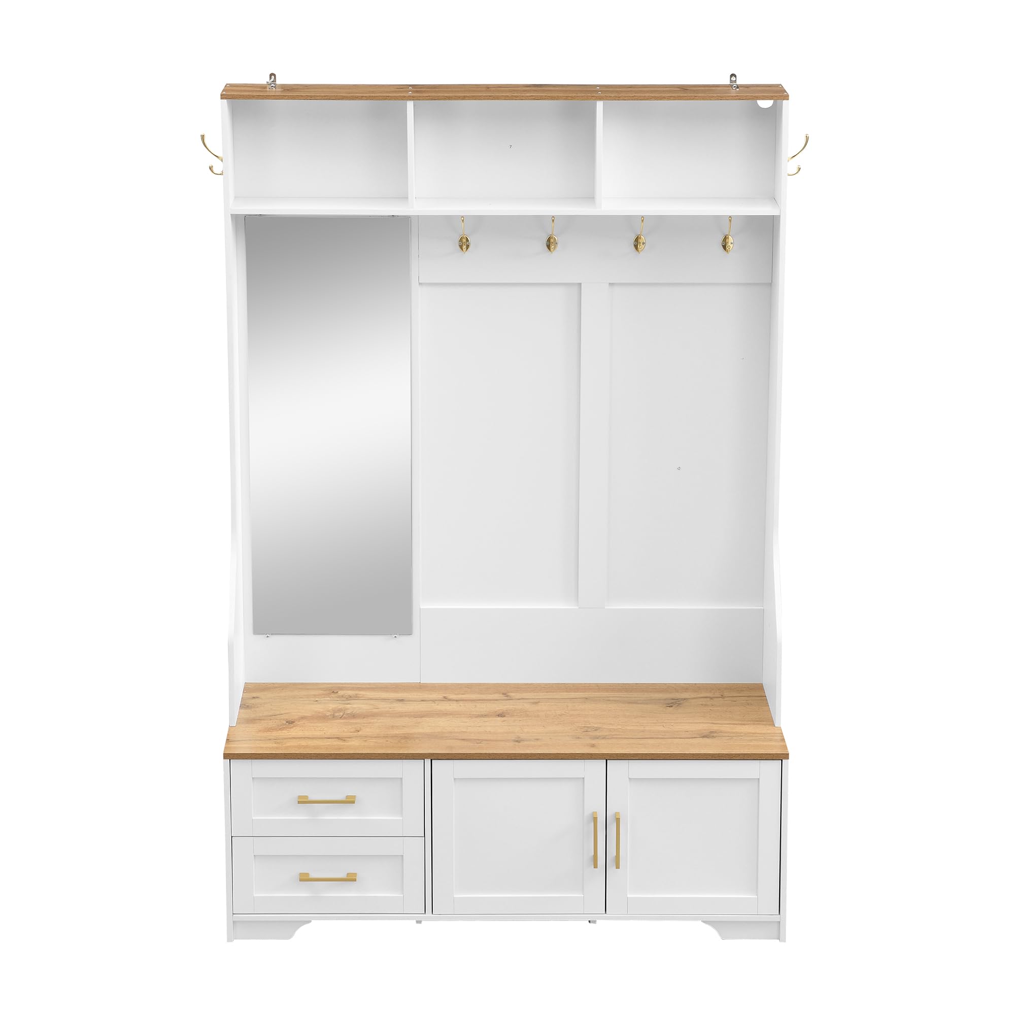 Scarpiera multifunzionale, 120 x 190 cm, specchio, ganci, cassetti, armadietto moderno con spazio di archiviazione, sedile, bianco + colore legno
