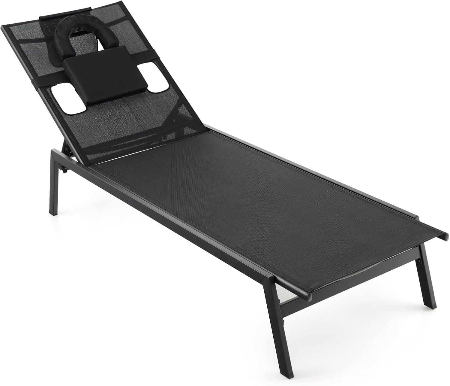 Tangkula Patio Tanning Lounge Chair with Face Hole and Side Holes, Outdoor 5-Position Reclining Chair with Detachable Head Pillows, Outdoor Metal Sunbathing Chair for Backyard, Poolside (1, Black)
