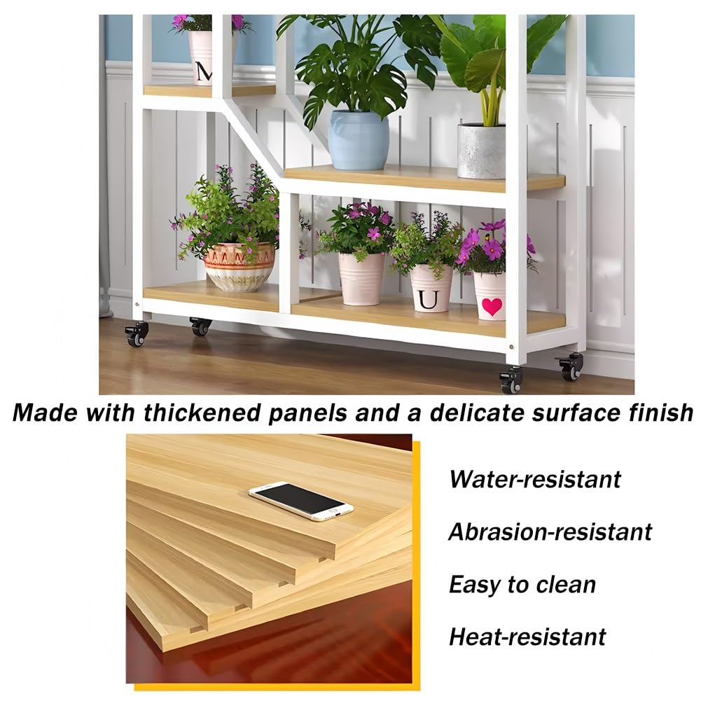 Soporte alto de metal para plantas con ruedas, estante rodante de 4 niveles, estante de exhibición de plantas para interiores y exteriores para balcón y sala de estar