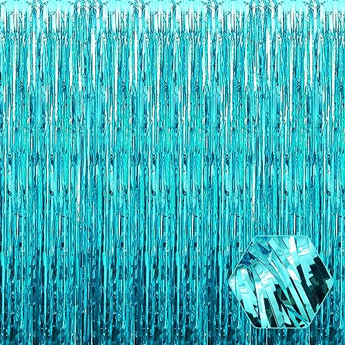 6 Pack Lake Blue Foil Fringe Curtain Backdrop, 3.28Ft x 6.6Ft Metallic Tinsel Foil Fringe Streamer Curtains for Photo Booth, Christmas Day, Thanksgiving, Wedding, New Year Party Decorations