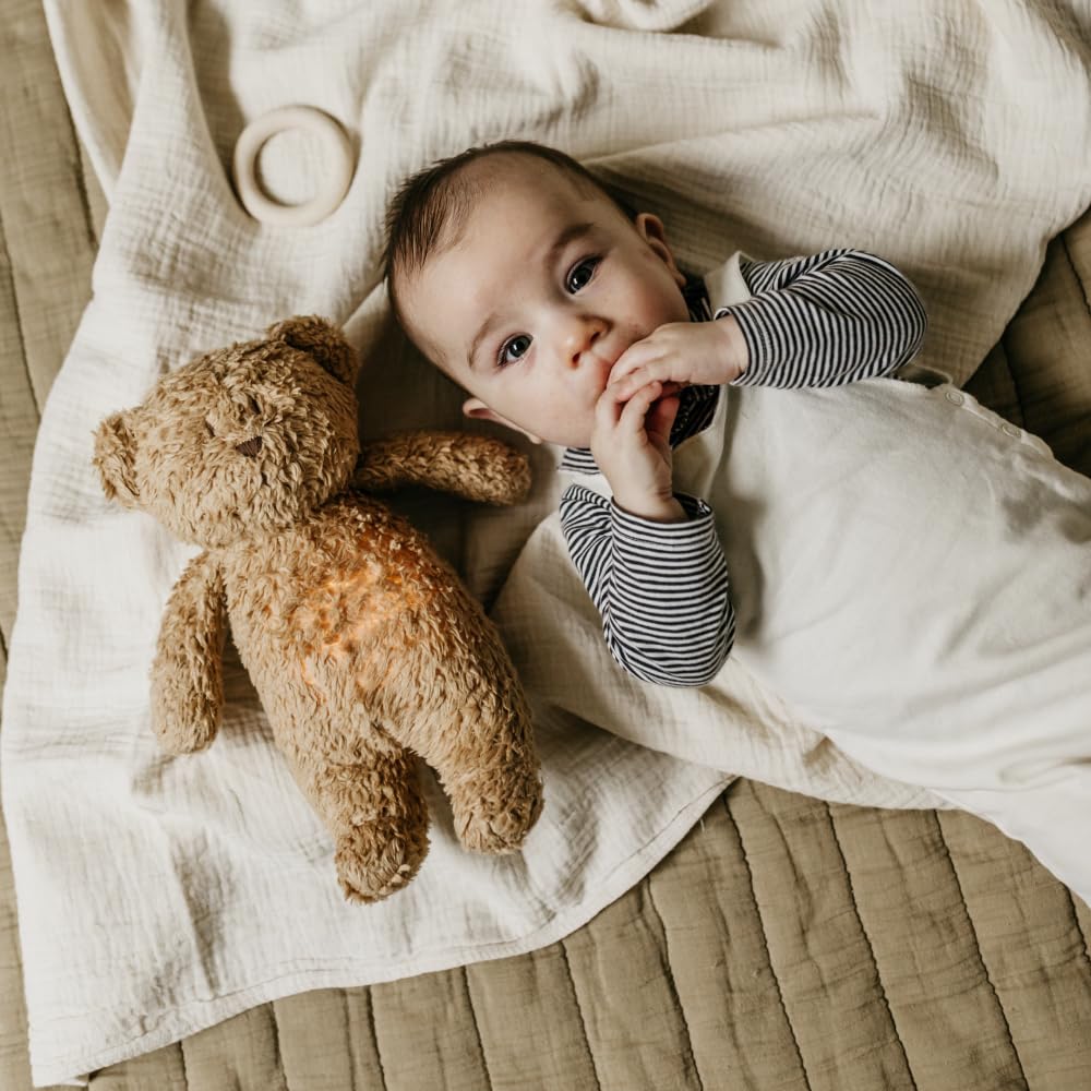 Moonie Veilleuse bio en forme d'ours colibri – Cappuccino Natur | Veilleuse pour bébé à bruit blanc | Aide au sommeil dès la naissance | Couette sonore apaisante avec capteur de pleurs | Lavable en