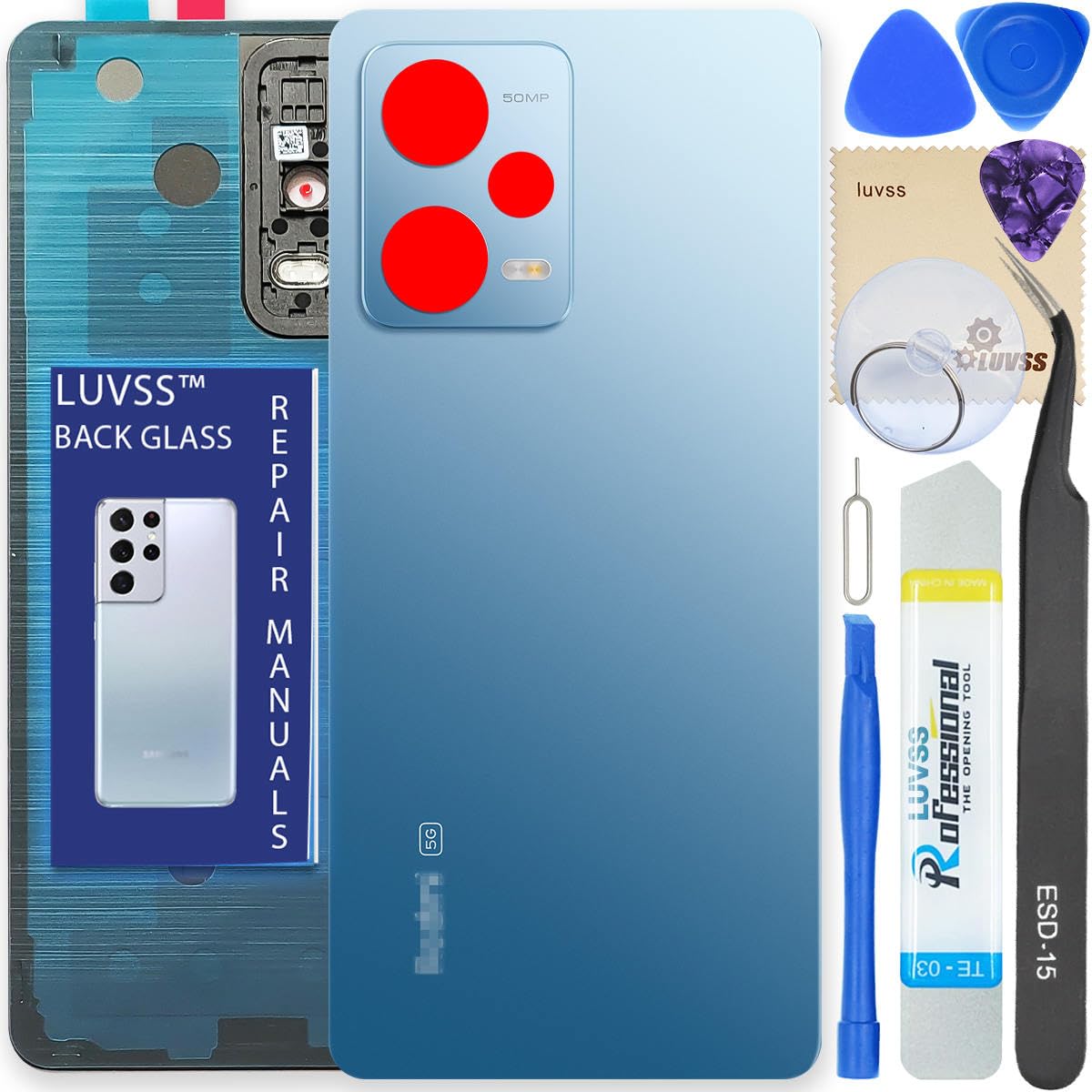 LUVSS Back Glass Cover Replacement Compitable for Xiaomi Redmi Note 12 Pro 5G Rear Cover + Repair Manual DIY Tools Kit (Black)