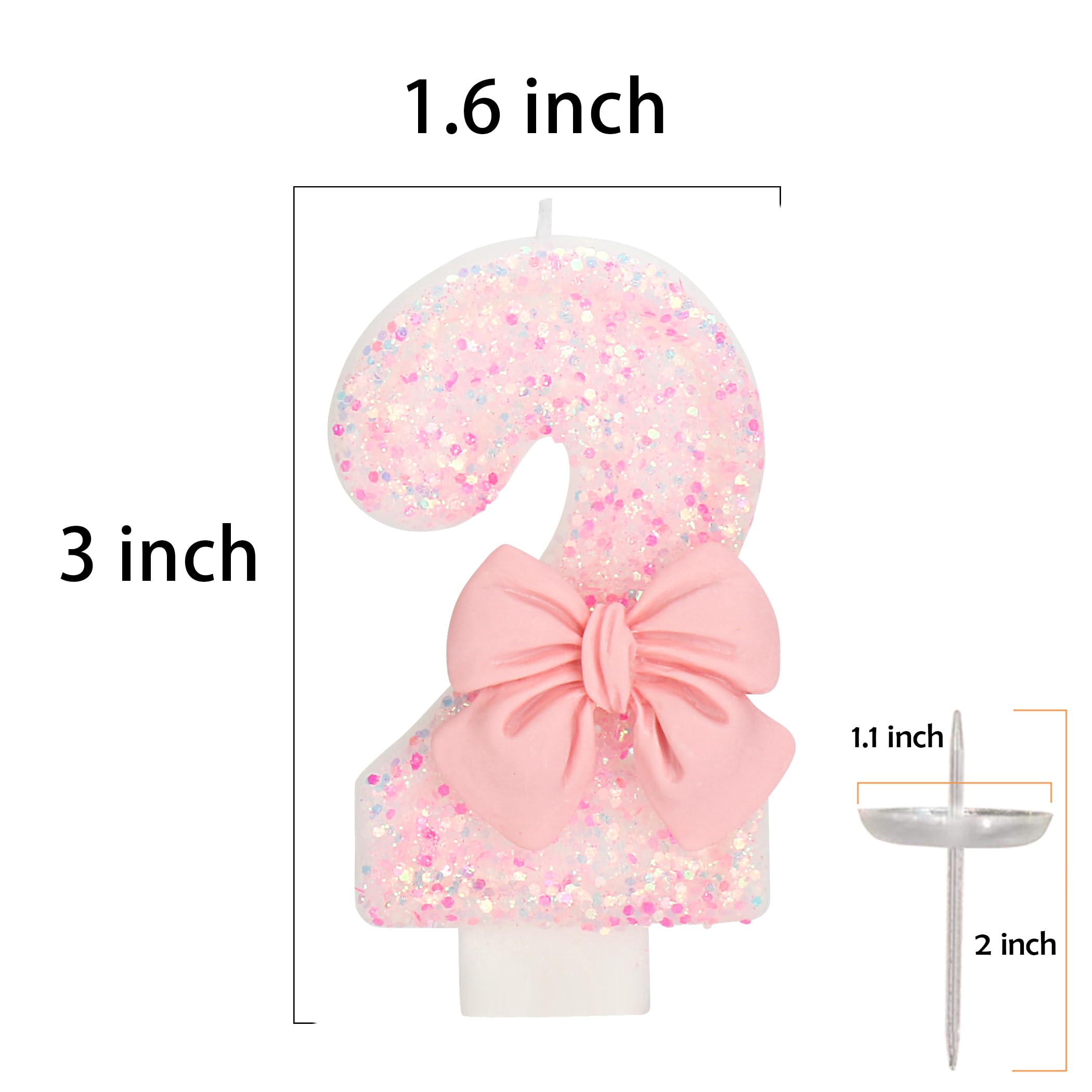 Vela de cumpleaños para tarta, 2 velas, purpurina rosa con lazo, vela de feliz cumpleaños de 2.75 pulgadas, decoración de pastel para fiesta de cumpleaños de 2 años (número 2)