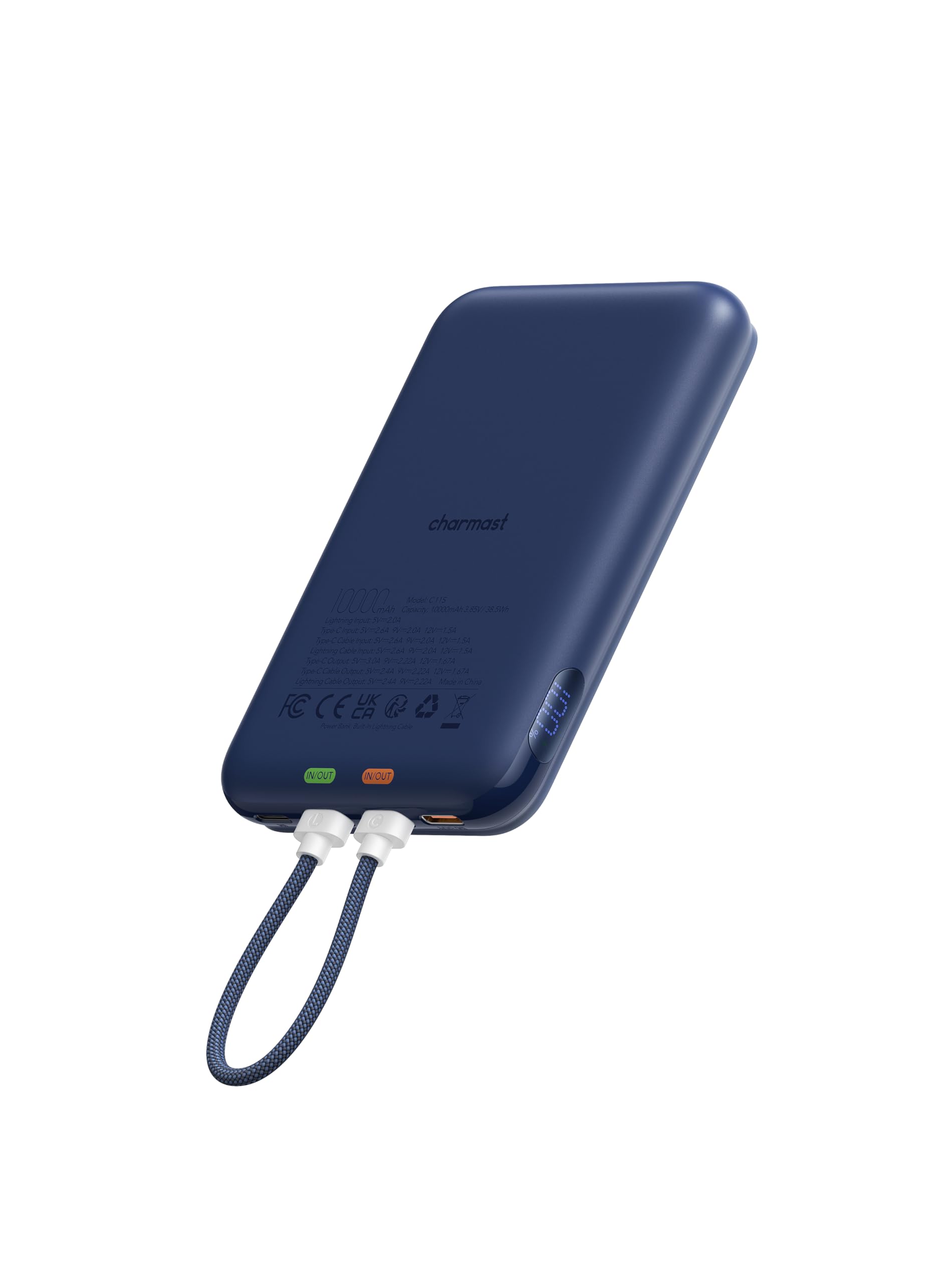 Charmast 10000mAh Wired Portable Charger, 20W Fast Charging Slim Power Bank with Removable Cable for iPhone & Android, Hand-Free Battery Pack with Digital Display for Short Travel (No-Wireless)
