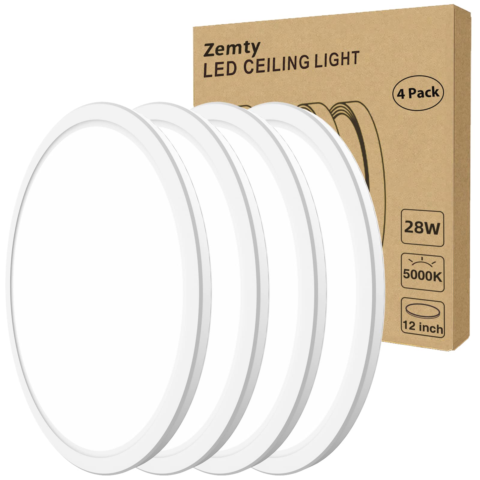 zemty12 Inch LED Flush Mount Ceiling Light,4 Pack 28W 5000K Ceiling Light, 3200LM Low Profile Ceiling Light Fixture, White Round Ceiling Light for Bedroom,Dining Room, Kitchen