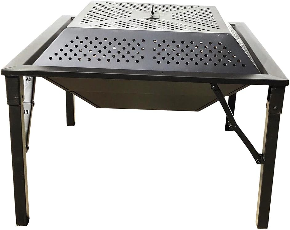 Zynuo 27 Inch Big Black Metal Square Design Charcoal and Wood Log Burning Outdoor Foldable Portable Patio Fire Pit with Spark Screen Cover
