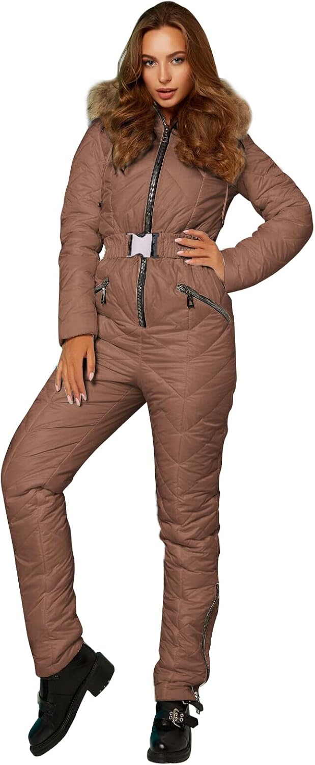 Yousify Womens Winter Ski Suit One Piece Hooded Fur Collar Ski Jumpsuit Snowsuit Outdoor Sports Coat - Image 2