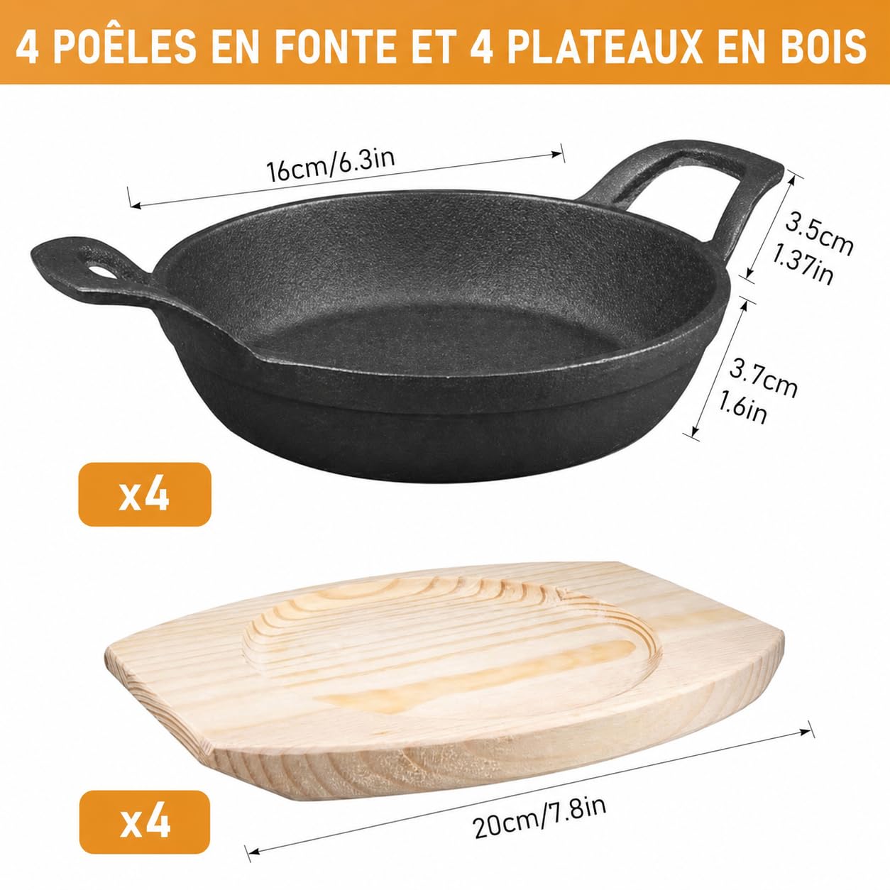 Lot de 4 Mini Poêles en Fonte 16 cm avec Poignées et Planches en Bois, Poêle Ronde Four pour Gratin, Casserole en Fonte pour Cuisson, Friture, Service Chaud, Compatible Four et Gaz