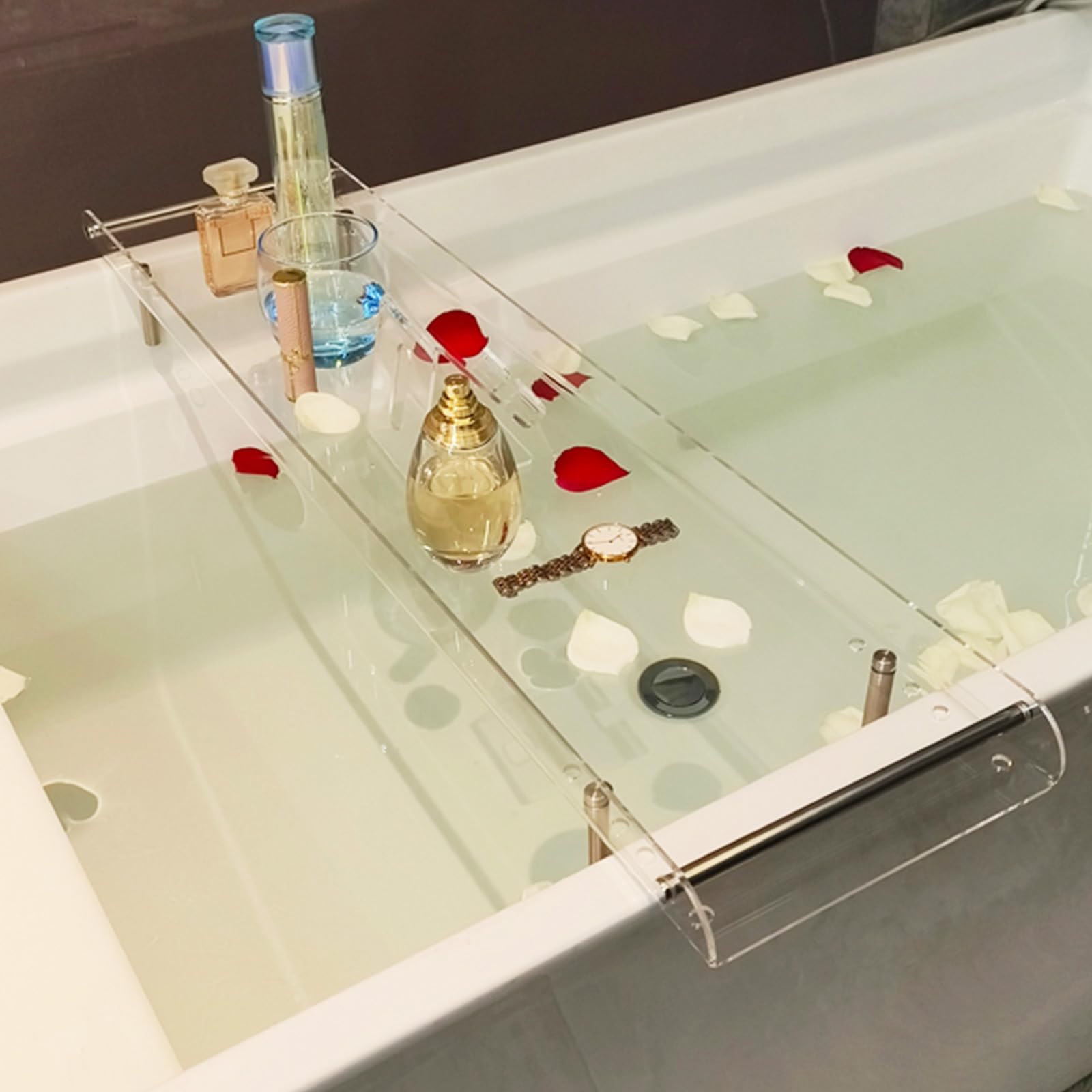 Badewannentabletts, verstellbares Badewannentablett aus Acryl, Badewannenablage, Badewannenablage, Ablage für die Badewanne, Badezimmer-Organizer, transparente Parfümablage, Arbeitsplatte, t