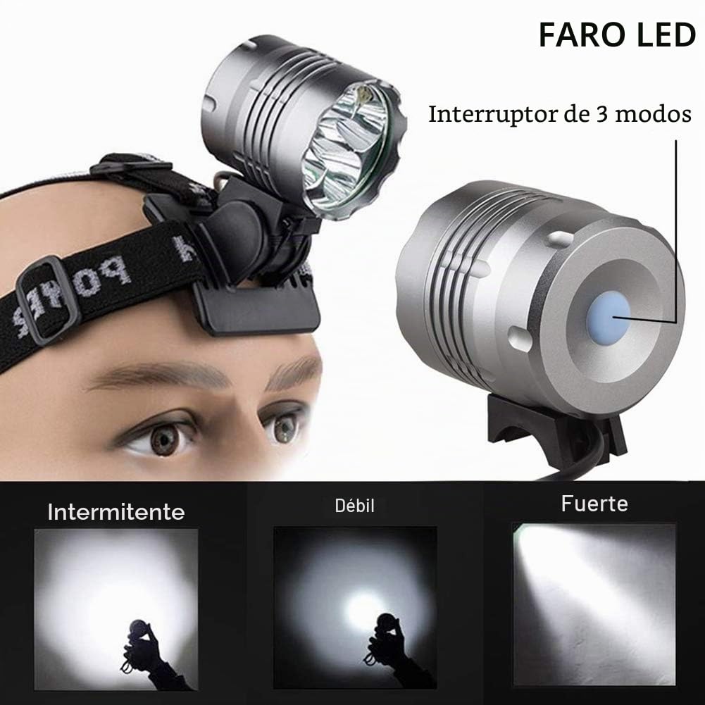 WASAGA - Luces de Bicicleta de 6000 lúmenes 5 LED, luz Delantera de Bicicleta de montaña Impermeable con batería Recargable de 6400 mAh, Faro Delantero de 3 Modos
