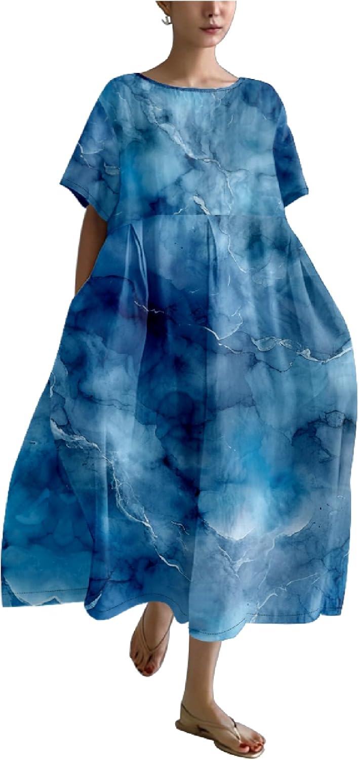 MARSVOVO Boho Maxi Dress for Women Plus Size Flowy Japanese Floral Print Casual Dresses