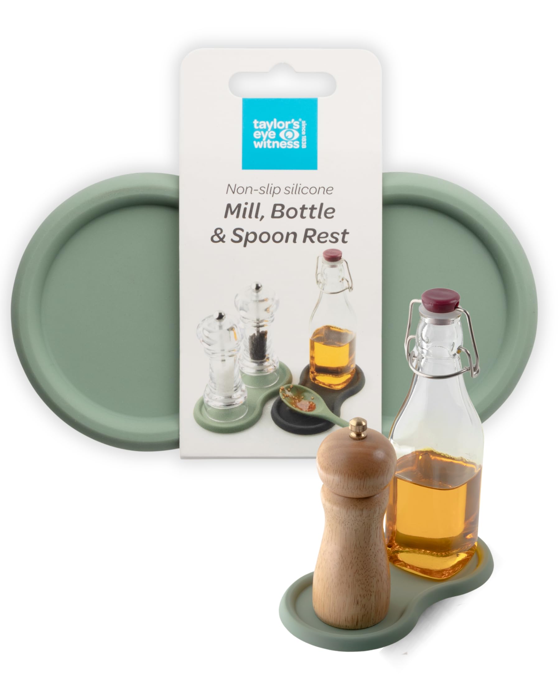 Taylor's Eye Witness Salt and Pepper Mill Tray – Non-Slip Silicone Pepper Grinder Rest for Spoon, Oil & Condiment Bottles. Kitchen Counter & Dining Table Protector. 17x9x0.9cm. Sage Colour