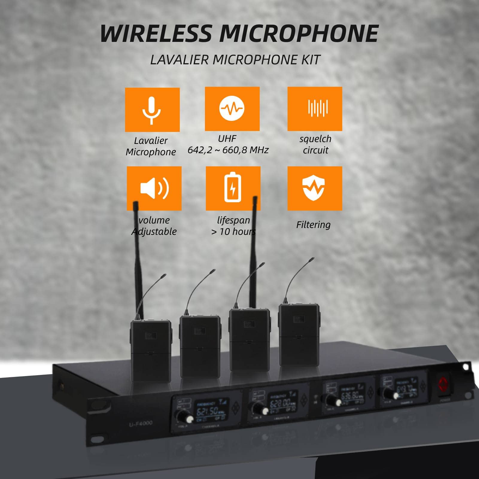 Garsent Sistema de micrófono inalámbrico, UHF 642,2~660,8 MHz 4 Canales micrófono de Solapa Conferencia inalámbrica Profesional para Iglesia, Bodas, reuniones, presentaciones, etc. (EU)