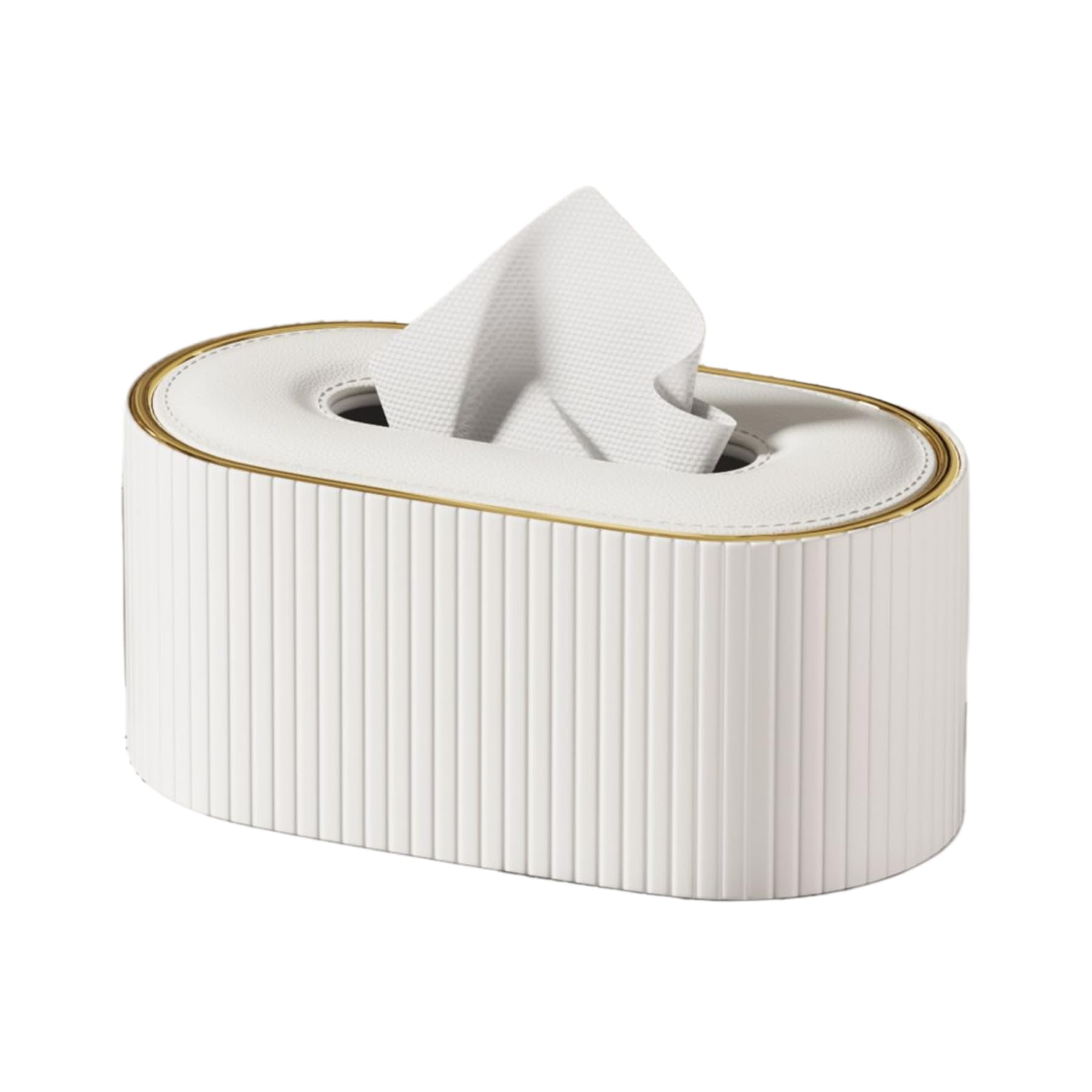 Oval PU Leather Tissue Box Cover, Flocked Lining, 4 Colors, for Standard Rectangular Tissues - White Vertical Stripes