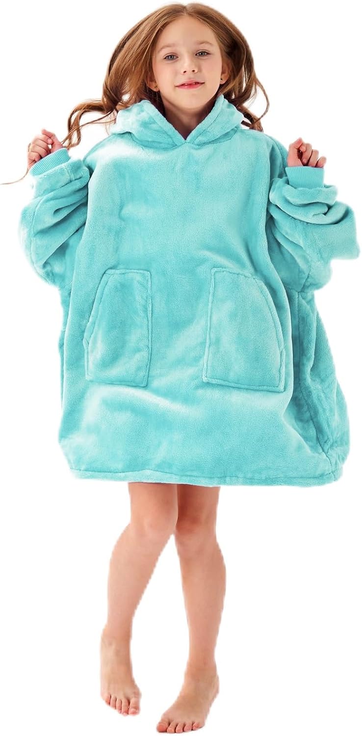 Aemicion Wearable Blanket Hoodie for Kids Super Soft Warm Oversized Hooded Blanket Sweatshirt Hoodie Blanket for Boys Girls Teal (B)teal/Kid Kids