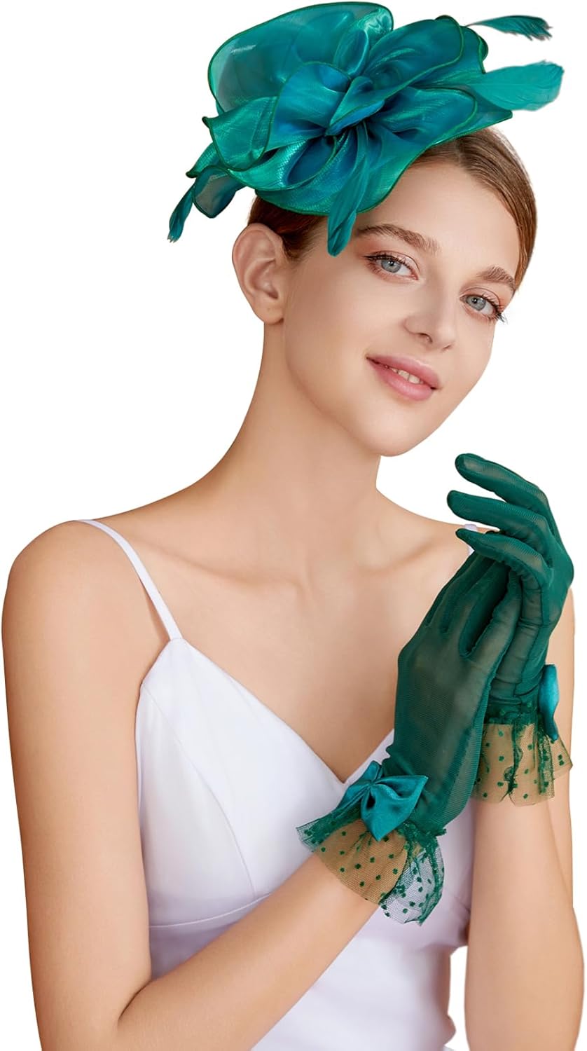 CAIYILA Fascinators Hat Flower Mesh Feathers Headband Derby Hat Clip Tea Party Headwear and Lace Gloves with Bows for Women