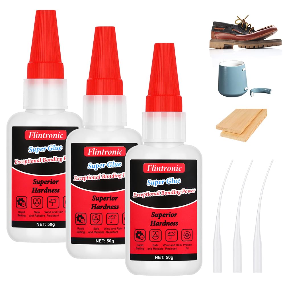 Flintronic 3 Stück Sekundenkleber Extra stark Gel, 50g Mächtiger Universalkleber, Schweißen Hochfester Ölkleber, Wasserdichter Superkleber, Super Kleber, für Kunststoff Metall Keramik Leder Harz
