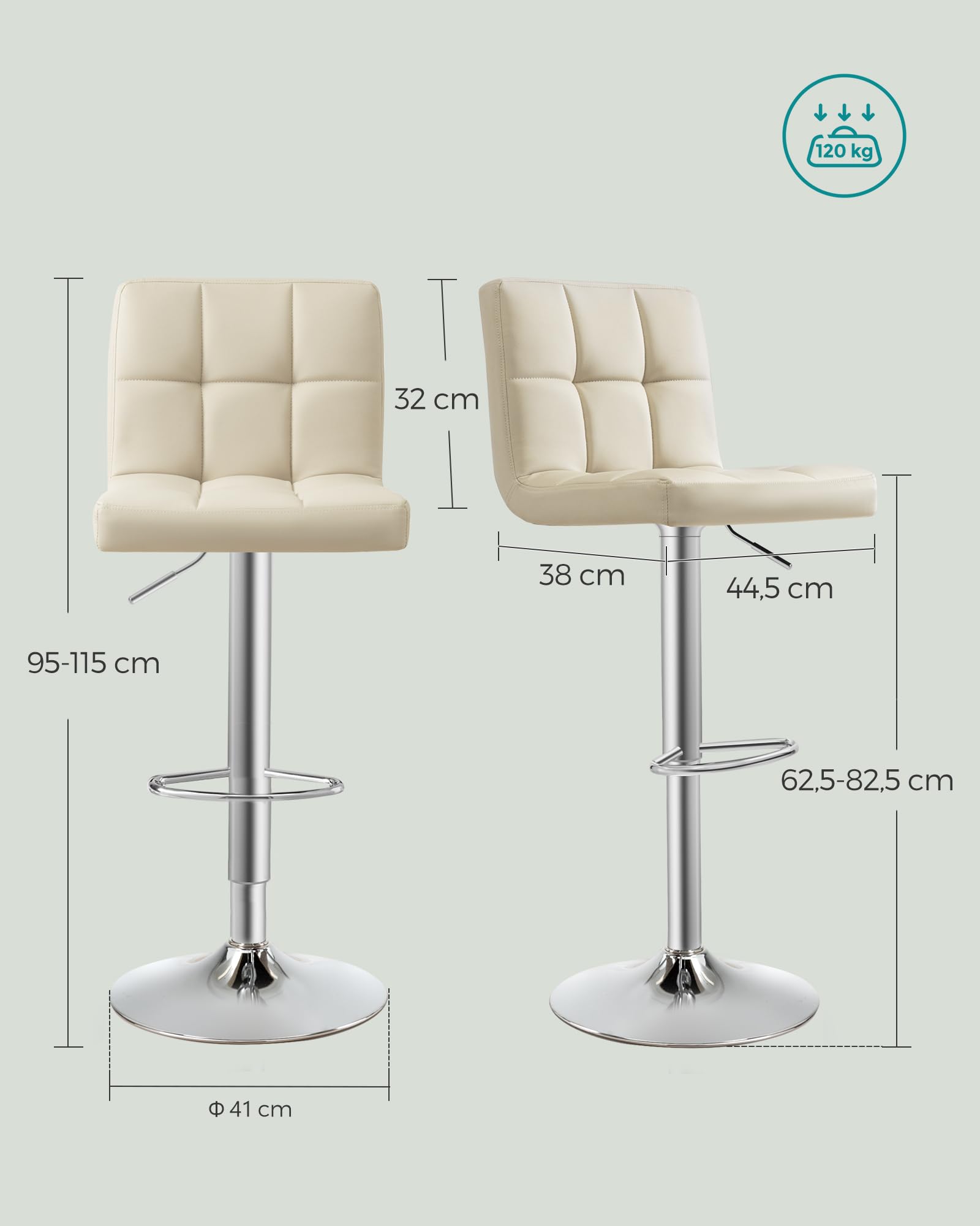 SONGMICS Set di 2 Sgabelli da Bar, Sedie Girevole Regolabili in Altezza con Rivestimento in PU, Sedie da Cucina con Schienale e Poggiapiedi, Sala da Pranzo, Bancone, Acciaio, Beige Sabbia LJB064K03