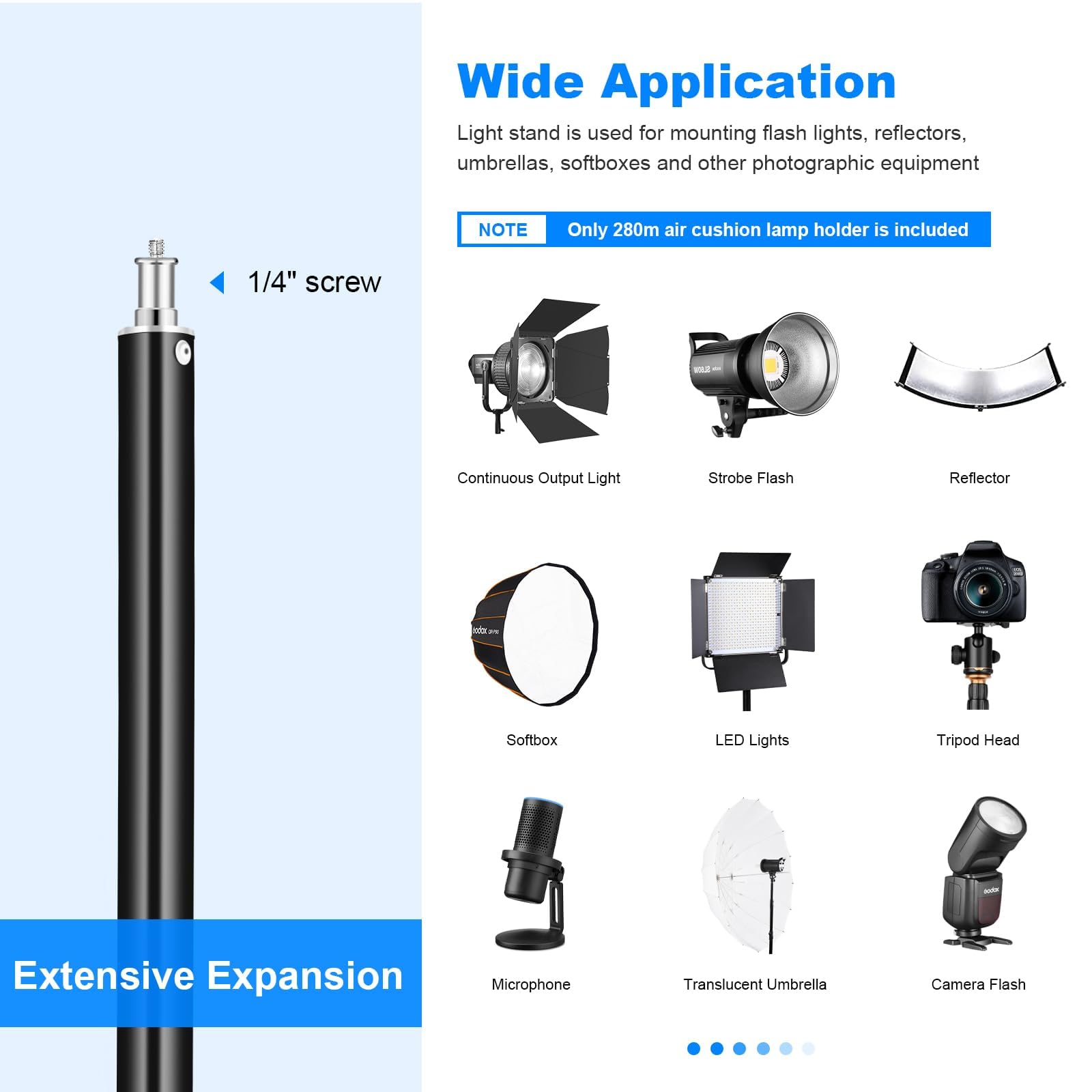 Supporto per luce resistente da 2,8 m con molla in alluminio imbottito, supporto per illuminazione treppiede, carico massimo: 10 kg, regolabile 94 cm-280 cm, con borsa per il trasporto, per
